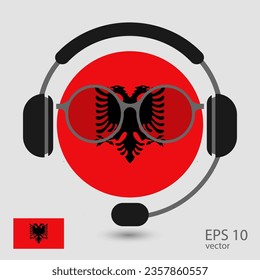 Albania vector flag with headphones and glasses, vector illustration. 