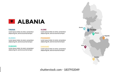Plantilla de infografía de mapas vectoriales de Albania. Presentación con diapositivas. Concepto de marketing comercial global. País de Europa de colores. Datos geográficos del transporte mundial. 