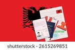 Albania visa, open stamped passport with visa approved document for border crossing. Immigration visa concept. Background with Albania flag. vector illustration