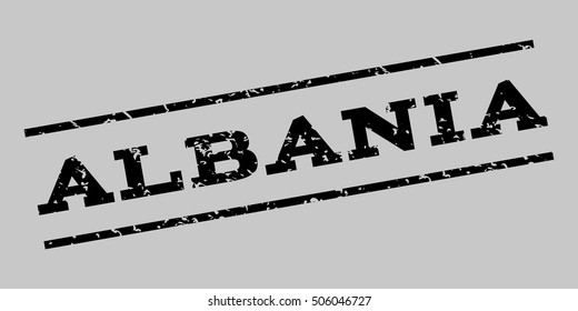 Albania watermark stamp. Text Caption between parallel lines with grunge design style. Rubber seal stamp with dust texture. Vector black color ink imprint on a silver gray background.