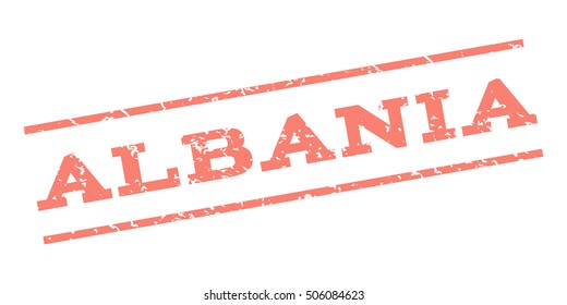 Albania watermark stamp. Text Caption between parallel lines with grunge design style. Rubber seal stamp with unclean texture. Vector salmon color ink imprint on a white background.