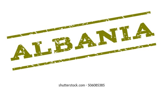 Albania watermark stamp. Text Caption between parallel lines with grunge design style. Rubber seal stamp with dirty texture. Vector olive color ink imprint on a white background.