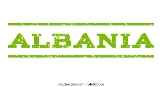 Albania watermark stamp. Text tag between horizontal parallel lines with grunge design style. Rubber seal stamp with dust texture. Vector eco green color ink imprint on a white background.