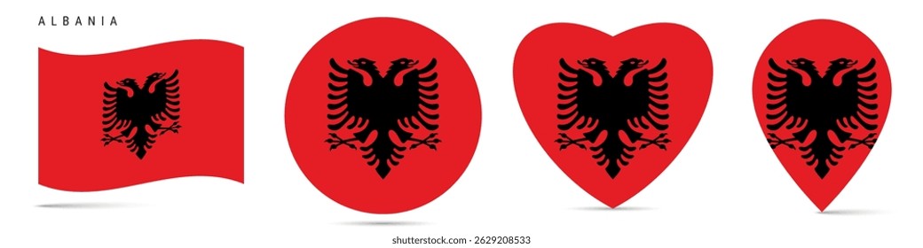 Albania waving flag, round circle sticker badge, heart shaped icon, map pin. Albanian flag buttons of different shapes. Vector illustration isolated on white.
