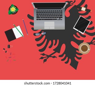 Albania work from home top view. Stay at home with self quarantine to help stop outbreak and protect Covid-19 spread.