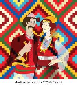 Albanian couple with traditional dress in folk background