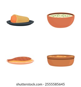 Albanian cuisine icons set cartoon vector. Tasty dish of albanian cuisine. Traditional food