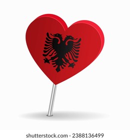 Albanian flag heart-shaped map pointer layout. Vector illustration.