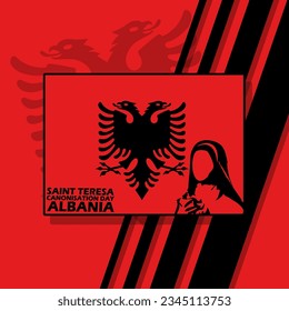 Bandera albanesa con ilustración de la madre Teresa con texto en negrita sobre fondo rojo para conmemorar el Día de la Canonización de Santa Teresa en Albania el 5 de setiembre en Albania