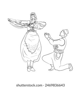 Albanian folk couple dance from Tirana with folk dress, line.