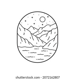 Albanian komani lake scenery vector design in mono line art ,badge patch pin graphic illustration, vector art t-shirt design