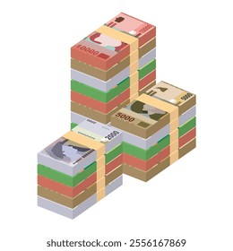 Albanian Lek Vector Illustration. Albania money set bundle banknotes. Paper money 1000, 2000, 5000, 10000 ALL. Flat style. Isolated on white background. Simple minimal design.