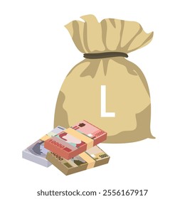 Albanian Lek Vector Illustration. Albania money set bundle banknotes. Money bag 2000, 5000, 10000 ALL. Flat style. Isolated on white background. Simple minimal design.