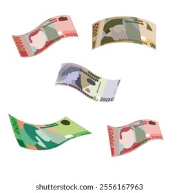 Albanian Lek Vector Illustration. Albania money set bundle banknotes.  Falling, flying money 1000, 2000, 5000, 10000 ALL. Flat style. Isolated on white background. Simple minimal design.