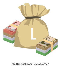 Albanian Lek Vector Illustration. Albania money set bundle banknotes. Money bag 1000, 2000, 5000, 10000 ALL. Flat style. Isolated on white background. Simple minimal design.