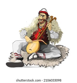 Albanian man with traditional instrument lahuta, with folk dress