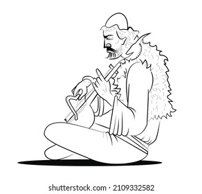 Albanian man with traditional instrument lahuta, with folk dress, line, isolated,