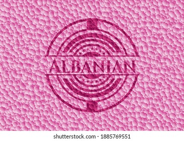 Albanian pink emblem with bubbles background. Vector Illustration. Detailed. 