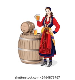 Albanian women with folklore dress costume from south near wood barrel and with beer glass in hand 14 May 2024