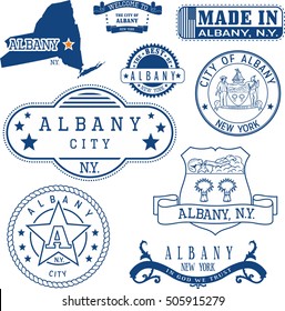 Albany city, New York. Set of generic stamps and signs including Albany city seal elements and location of the city on New York state map.