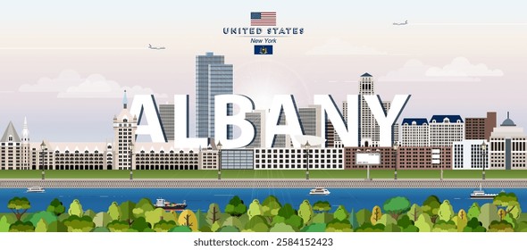 Albany city skyline colorful vector illustration. Travel poster