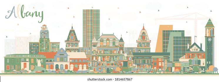 Albany New York City Skyline with Color Buildings. Vector Illustration. Albany USA Cityscape with Landmarks. Business Travel and Tourism Concept with Modern Architecture.