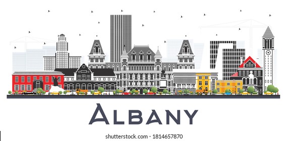 Albany New York City Skyline with Color Buildings Isolated on White. Vector Illustration. Albany USA Cityscape with Landmarks. Business Travel and Tourism Concept with Modern Architecture.