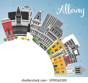 Albany New York City Skyline with Color Buildings, Blue Sky and Copy Space. Vector Illustration. Albany USA Cityscape with Landmarks. Travel and Tourism Concept with Modern Architecture.