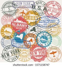 Albany New York Set of Stamps. Travel Stamp. Made In Product. Design Seals Old Style Insignia.