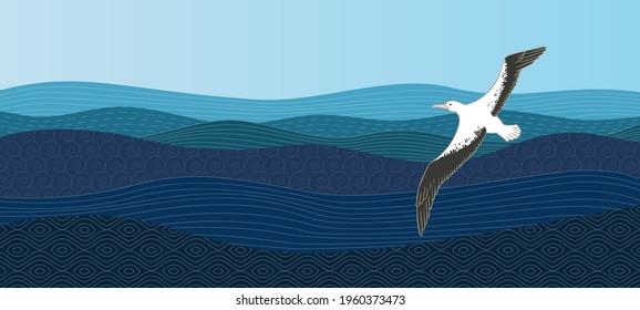 Albatross hovers over the ocean. The bird flies near the blue waves. Abstract background template with pattern in oriental style. - Vector