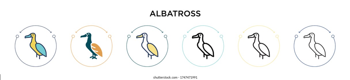Albatross icon in filled, thin line, outline and stroke style. Vector illustration of two colored and black albatross vector icons designs can be used for mobile, ui, web