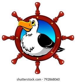 Albatross, a large seagull. Steering wheel, round frame. A label, an emblem, a logo.