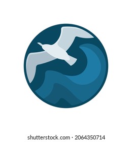 Albatross über die Wellen. Fliegender Vogel und lockige Wellen Vektorgrafik.