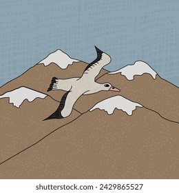 Albatross seabird. Vector cartoon hand drawn illustration of the animal in Antarctica. Polar character bird with texture is flying near mountains and sky drawing