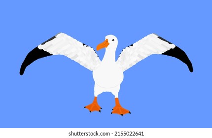 Ilustración vectorial de albatros aislada sobre fondo azul cielo. Propaga el símbolo de la gaviota de las alas. Silueta de ave grande marina.