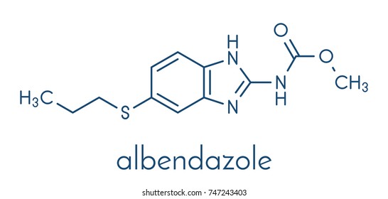 Albendazole anthelmintic drug molecule. Used in treatment of parasitic worm infestations. Skeletal formula.