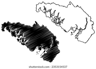 Distrito Regional de Alberni-Clayoquot (Canadá, Columbia Británica o Provincia de BC, Norteamérica) mapa de ilustración vectorial, dibujo garabato Alberni Clayoquot mapa