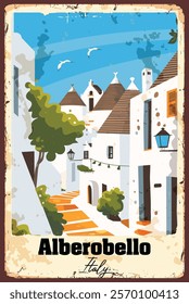 Alberobello Vintage Travel Poster, Italy. Vector Illustration for High-Quality Prints, Vintage frame