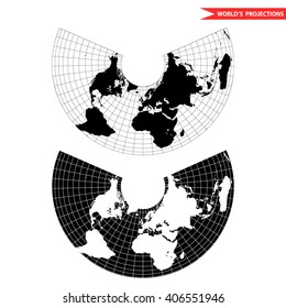 Albers Equal Area Conic Projection. Black And White World Map With Countries And Borders. Earth Plannar Map.