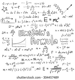 Albert Einstein law theory and physics mathematical formula equation, doodle handwriting icon in white isolated background paper with handdrawn model, create by vector
