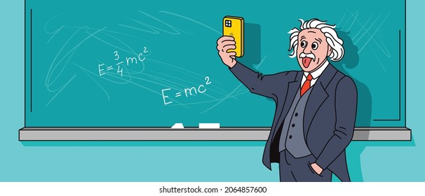 Albert Einstein makes a selfie showing tongue. Funny caricature portrait of a genius scientist.