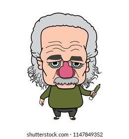 Albert Einstein ,Old man in green shirt hold a pencil , vector ,cartoon design.