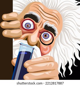 Albert Einstein Peeping From A Test Tube; Funny Illustration Of A Famous And Genius Scientist; October 12, 2022