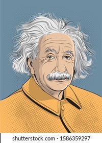 Albert Einstein portrait in line art. Einstein (1879-1955) was a German-born physicist who developed the theory of relativity. His work is also known for its influence on the philosophy of science.