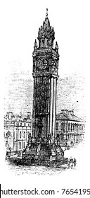 Albert Memorial Clock, in Belfast, Ireland, during the 1890s, vintage engraving. Old engraved illustration of the Albert Memorial Clock. Trousset Encyclopedia