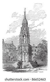 Albert Memorial in Kensington Gardens, London, England, during the 1890s, vintage engraving. Old engraved illustration of Albert Memorial with two people in front.  Trousset encyclopedia (1886 - 1891)