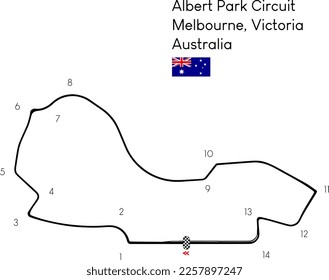 "Circuito Albert Park" en Melbourne, Victoria, Australia. Circuito de arte vectorial con límites asfálticos reales, giros y apellidos. Carrera de coches y versión de fórmula. GP australiano.