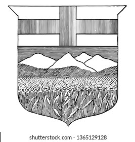 Alberta coat of arms vintage line drawing.