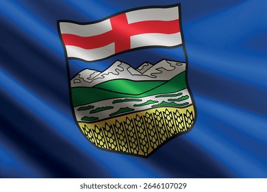 Bandeira de Alberta acenando ao vento, textura de seda detalhada e realista. Estado do Canadá