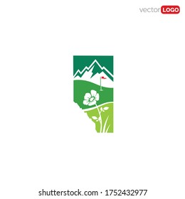 Alberta map with mountain and flower, Golf Logo Design Vector Template Illustration
